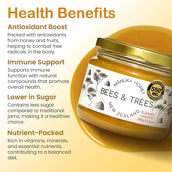 Bees & Trees Manuka Honey 550+ MGO – Pure New Zealand Raw Monofloral Honey – Unpasteurized &