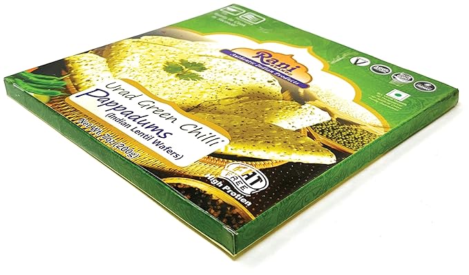 Rani Pappadums (Indian Lentil Wafer Snack) Green Chilli Papad 7oz (200g) Approximately 15pc, 7
