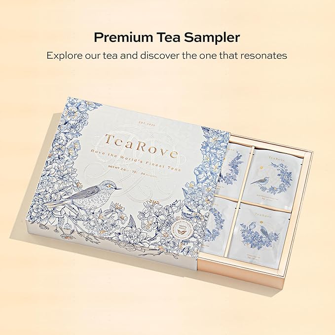 TeaRove Assorted Tea Gift Box - Toile de Jouy Bird Collection, Chinese Whole-Leaf Tea Smapler
