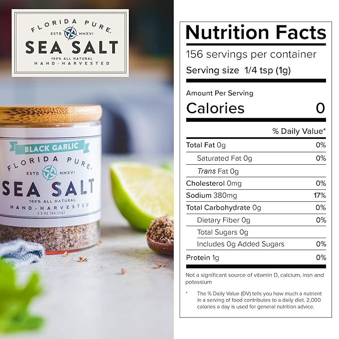 FLORIDA PURE Black Garlic Sea Salt - 80+ Mineral Sea Salt, Natural, Unrefined, Non Iodized - for