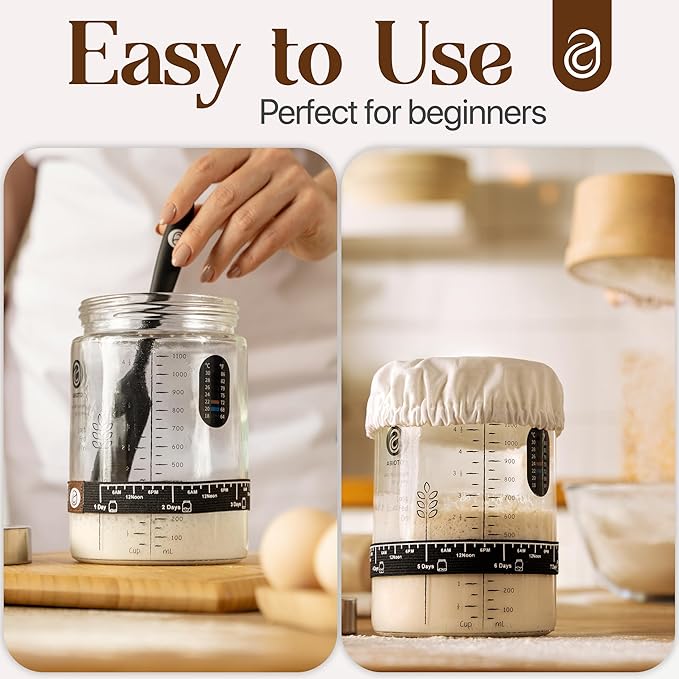 Sourdough Starter Kit with 40 oz Glass Jar ??Extra Thermometer Strips and Breathable Covers