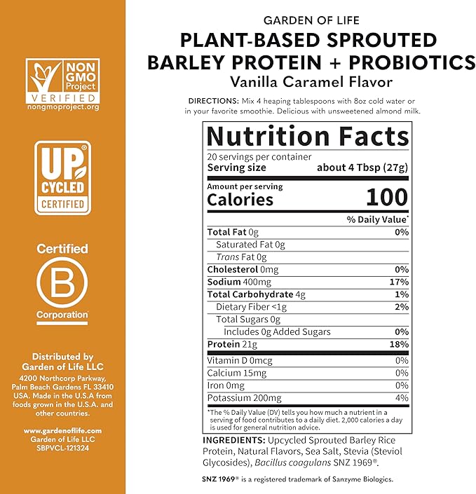Garden of Life Plant-Based Sprouted Barley Protein, Vanilla Caramel with 21g Protein, 0g Sugar &