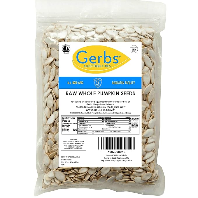 Gerbs Raw Whole Pumpkin Seeds 2 lbs. | In-Shell, 10.5 mm Size, Resealable Bag | Mildly Nutty &