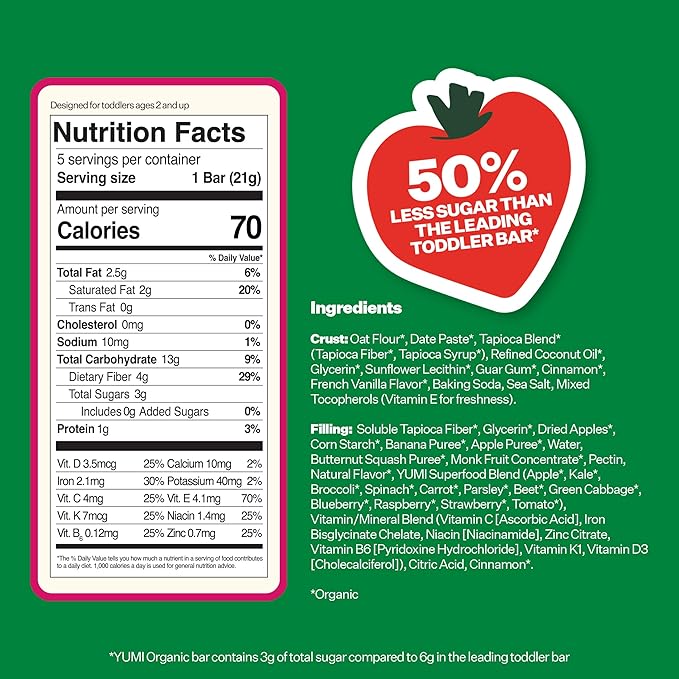Yumi Organic Toddler Snacks Bars - Gluten-Free, No Added Sugar, 7+ Vegetables, Soft-Baked Crust
