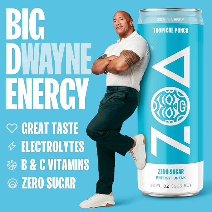 ZOA Zero Sugar Energy Drinks, Tropical Punch - Sugar Free with Electrolytes, Healthy Vitamin C