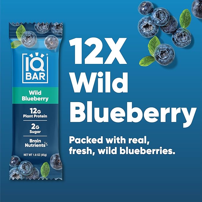 IQBAR Brain and Body Plant Protein Bars - Wild Blueberry - 12-Count Low Carb - Gluten Free, High