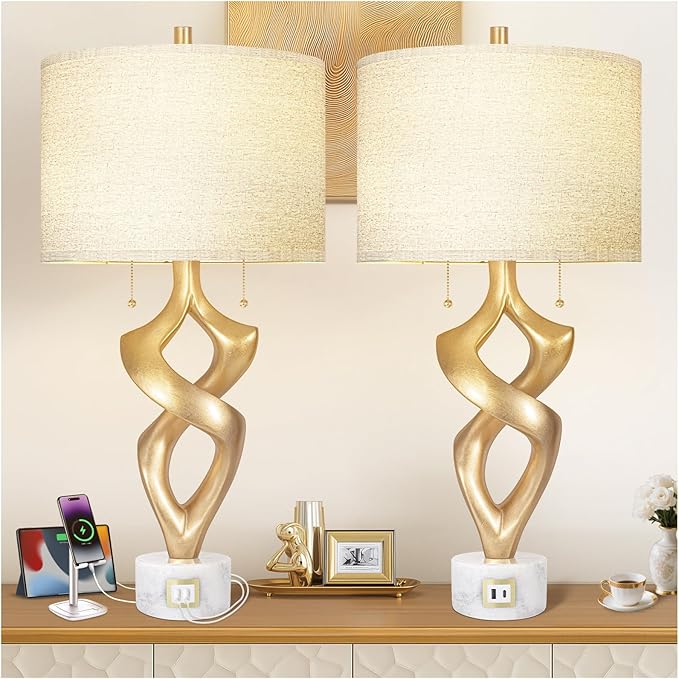 Scenekoy Sculptural Resin Table Lamp Set of 2 with USB Ports for Bedroom Living Room, 31” Big Gold