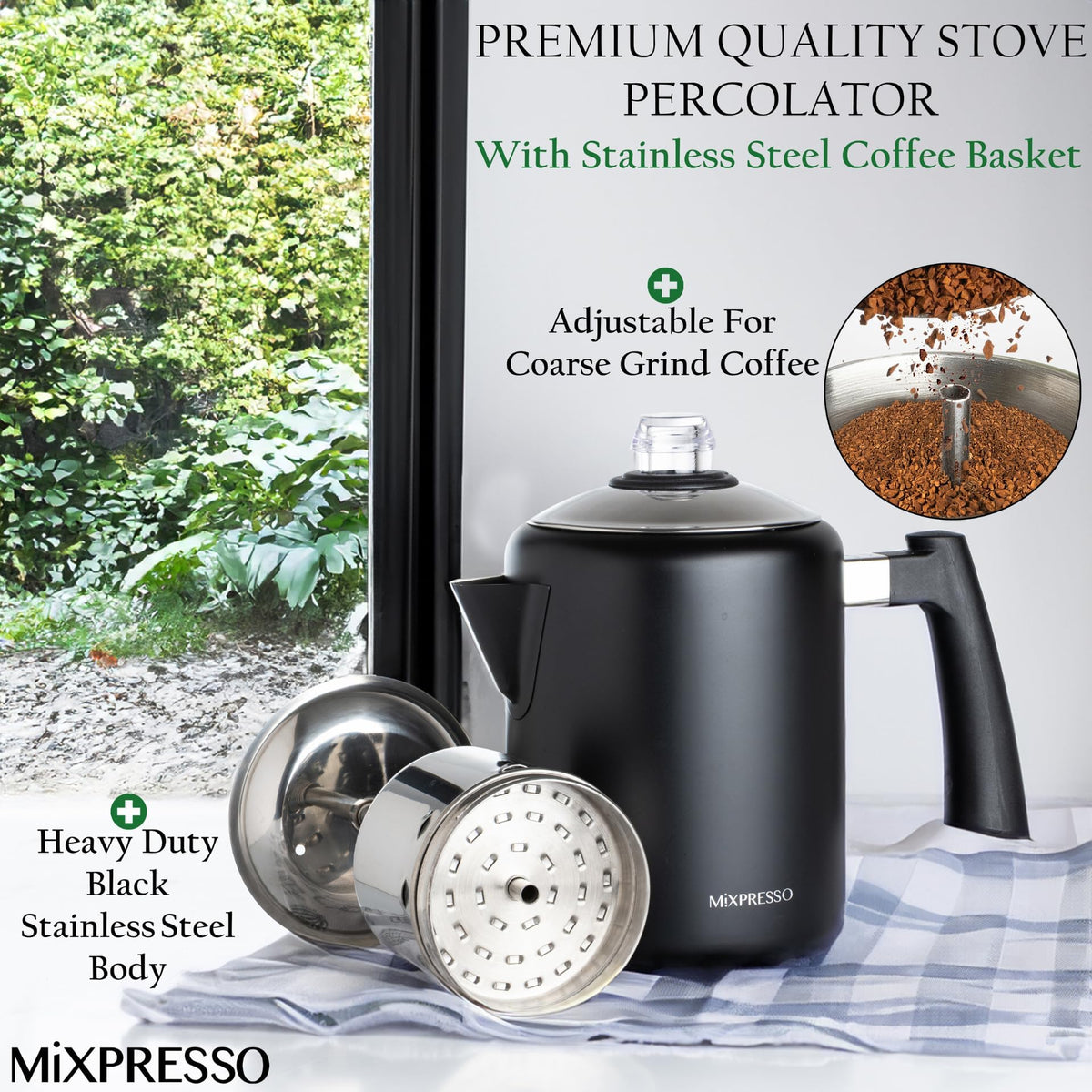 Mixpresso 5-8 Cup Coffee Percolator Stovetop, Stainless Steel Coffee Pot