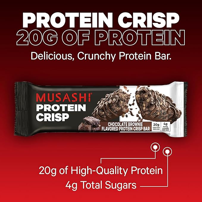 MUSASHI Protein Crisp Bar, 20g Protein, 4g Total Sugars, Chocolate Brownie, Post Workout and Snack