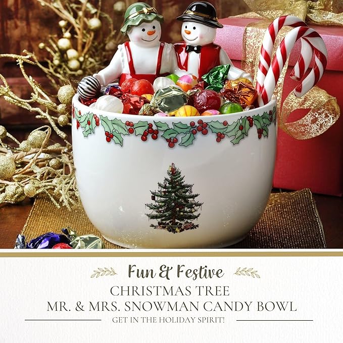 Spode Christmas Tree 9-Inch Candy Bowl - Mr. & Mrs. Snowman Decorative Earthenware Bowl for Serving