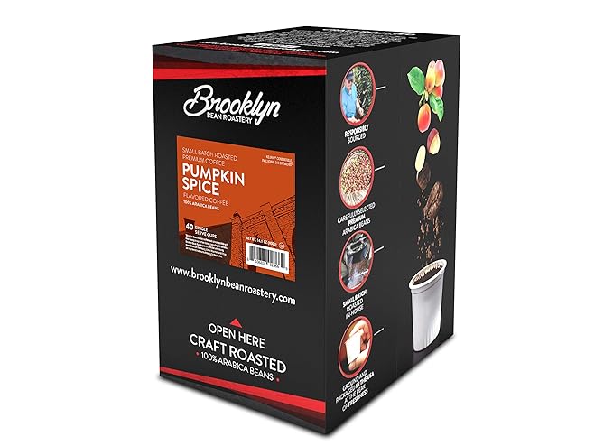 Brooklyn Beans Roastery Coffee Pods, Fall Flavored Pumpkin Spice - Compatible with Keurig K Cup