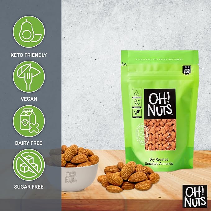 Oh! Nuts Almonds - Dry Roasted Unsalted Almonds - 5 lb - No Salt, No Oil All-Natural Protein