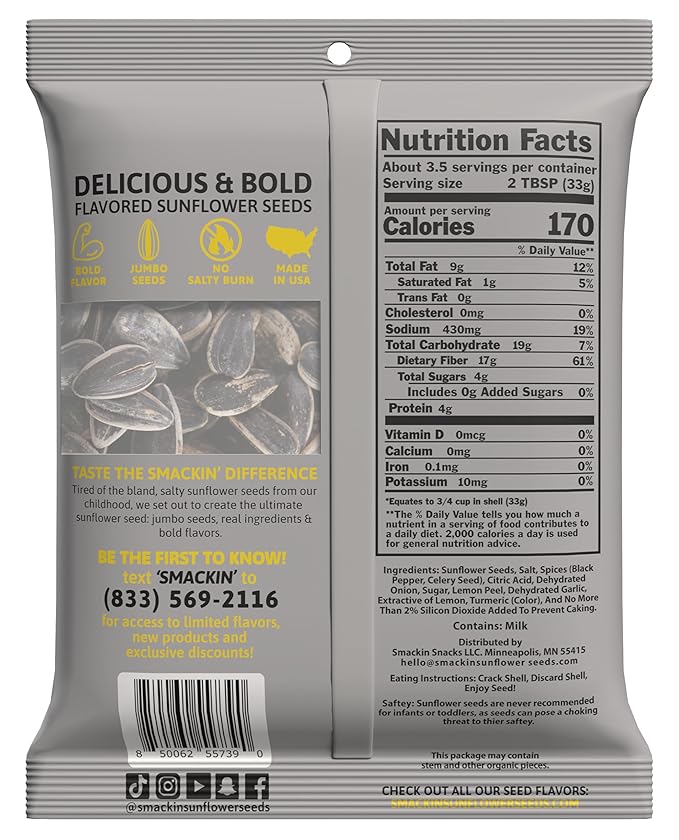 SMACKIN' - Jumbo Roasted Sunflower Seeds, No Salty Burn, American Made, Easy Pour & Seal - Lemon