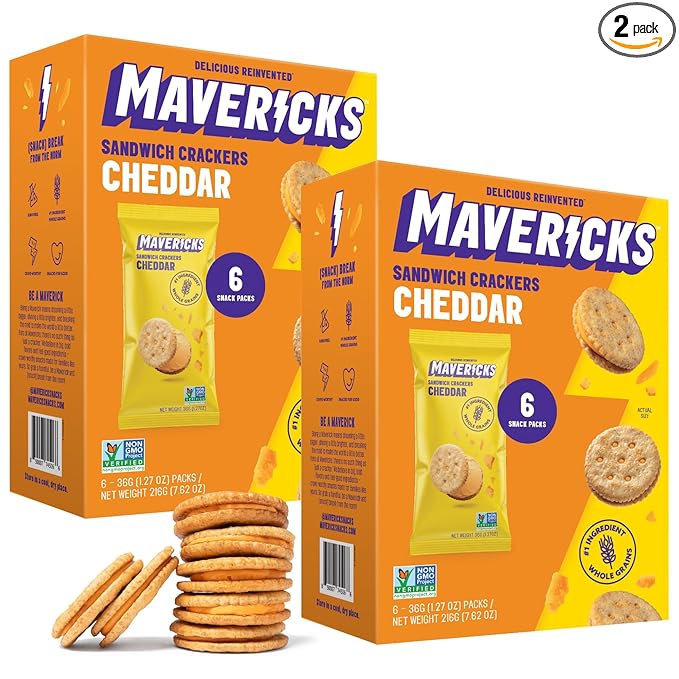 Mavericks Sandwich Crackers Cheddar - Cheese Filled Whole Grain Sandwich Cracker Snack Packs