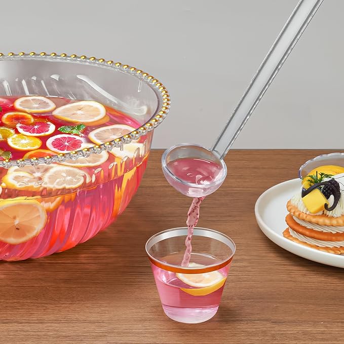 NiHome Large Plastic Punch Bowl with Ladle, Tongs and 25 Gold-Rimmed Cups for Wedding, Birthday