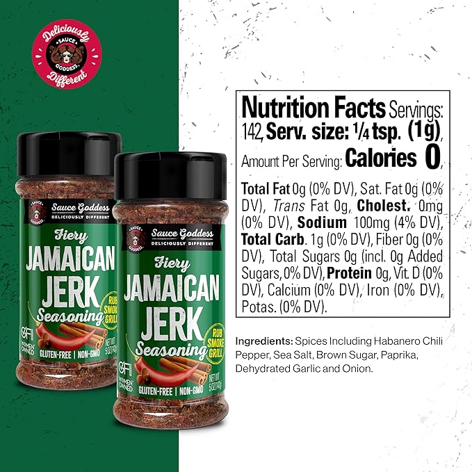Sauce Goddess Fiery Jamaican Jerk Spice Shaker (2-Pack) - Seasonings and Spices for Cooking with