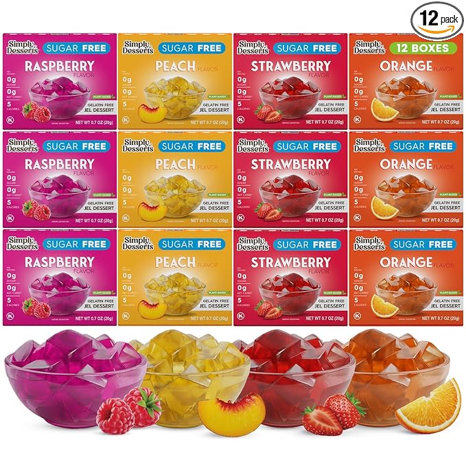 Simply Desserts Sugar-Free Jel Variety 12-Pack (Raspberry, Peach, Orange, Strawberry) - Vegan