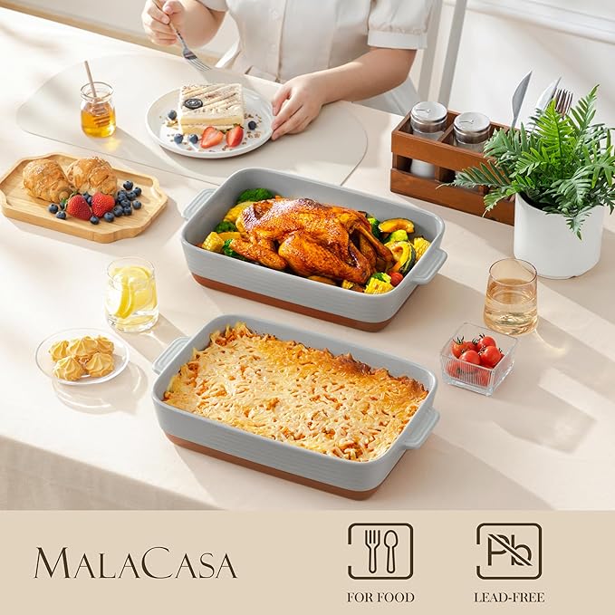 MALACASA Lasagne Dishes for Oven, 4.8 Qt Ceramic Oven Dish with Handles, 9 x 13 Inch Deep