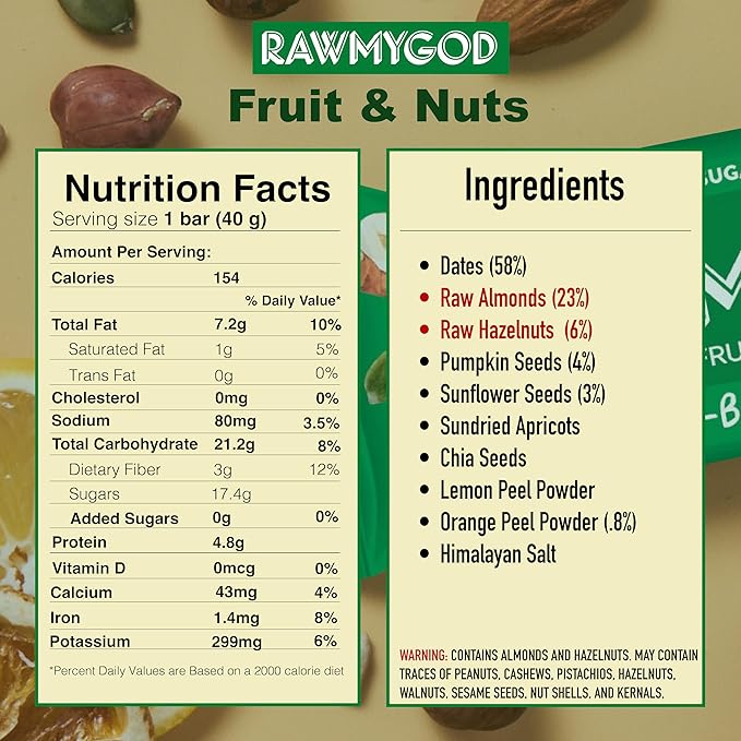 RAWMYGOD Fruit and Nut Bars, Good Source of Protein (4.8g, 12% protein content), Gluten Free
