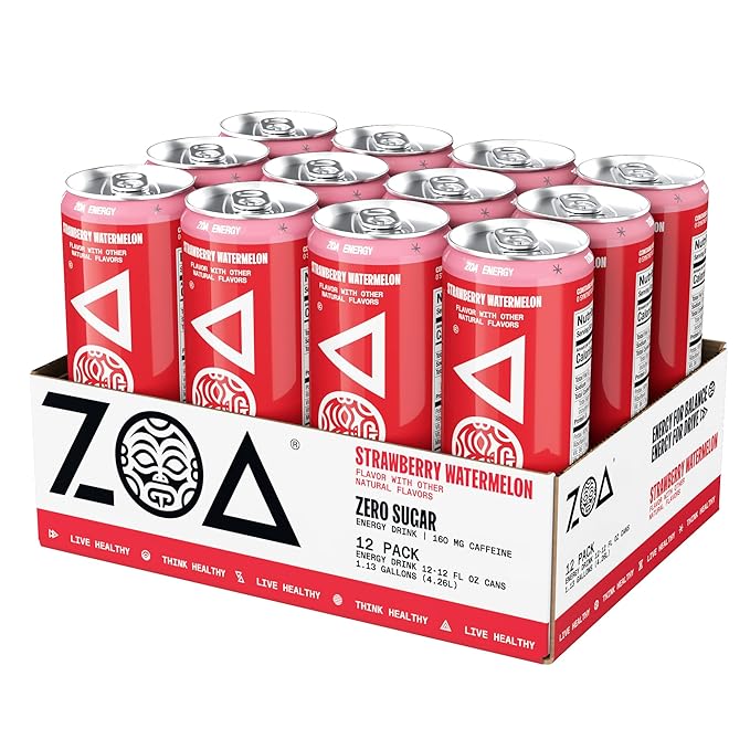 ZOA Zero Sugar Energy Drinks, Strawberry Watermelon - Sugar Free with Electrolytes, Healthy Vitamin