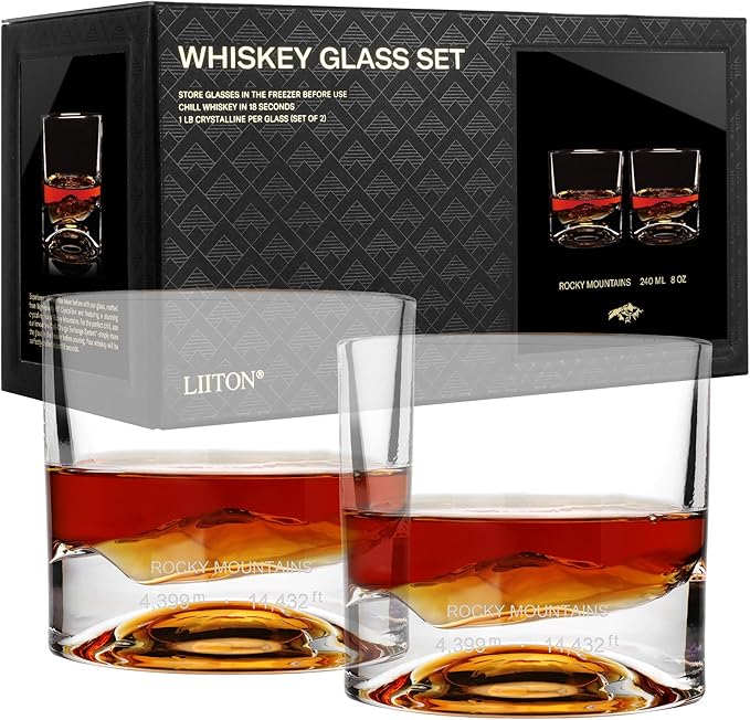 Rocky Mountains Heavy Crystal Whiskey Glasses Gift Set of 2, Thick Freezable Bourbon Glass 1lb