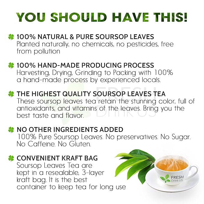 FreshDrinkUS, 240+ Premium Soursop Graviola Dried Leaves Tea, 230-250 Whole Soursop Leaves