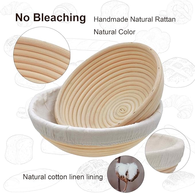 Banneton Bread Proofing Basket set of 2, 9 Inch Round Sourdough Proofing Baskets with Liner,Dough