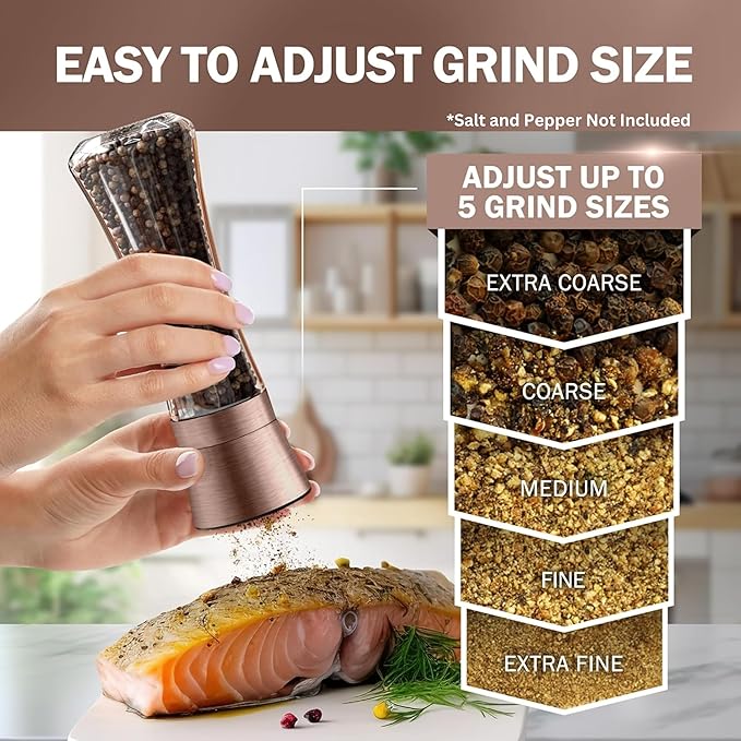 Home EC Original Copper Salt and Pepper Grinder Set of 2 - Adjustable Ceramic Grinder - Tall Glass
