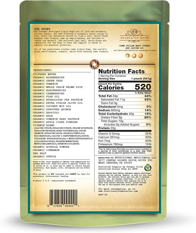 Functional Formularies Nourish Berry Medley Peptide Formula, Organic Tube Feeding Formula and