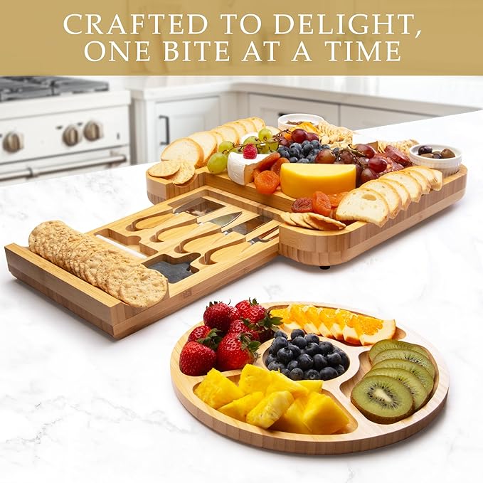 Zulay Kitchen Premium Bamboo Cheese Board Set - Extra Thick Bamboo Charcuterie Board Set with 4