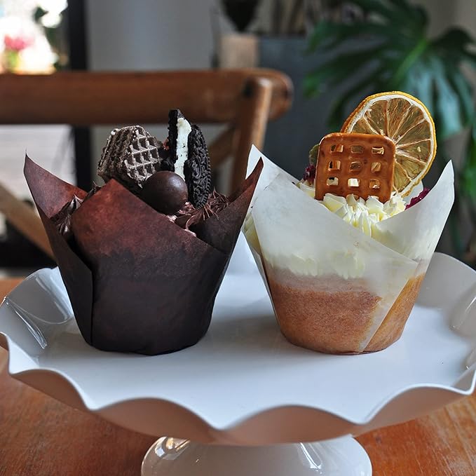 Large size White+Brown Tulip Baking Cups 2-1/4"(Base diameter) x 4"(Wall height) Greaseproof paper
