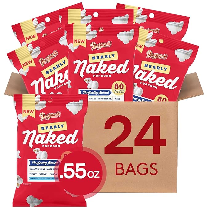 Popcornopolis Perfectly Salted Nearly Naked 24 ct, 0.55 oz Case, Salt Flavored Better-For-You