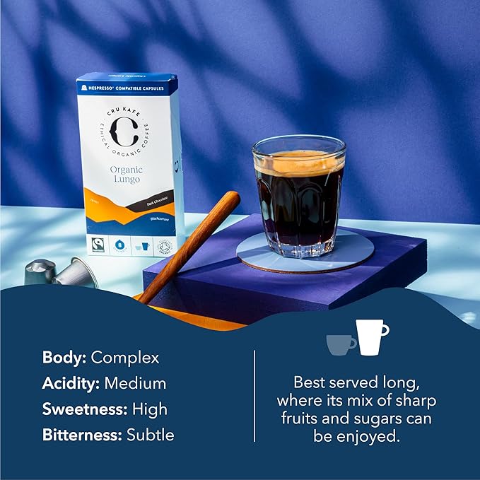 Cru Kafe Lungo Americano Strong USDA Organic Espresso Coffee Capsules (50 Pods) Fairtrade Coffee