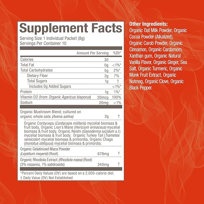 Om Mushroom Superfood Morning Energy Blend Mushroom Powder Drink, Single Serve, 10 Count, Coffee
