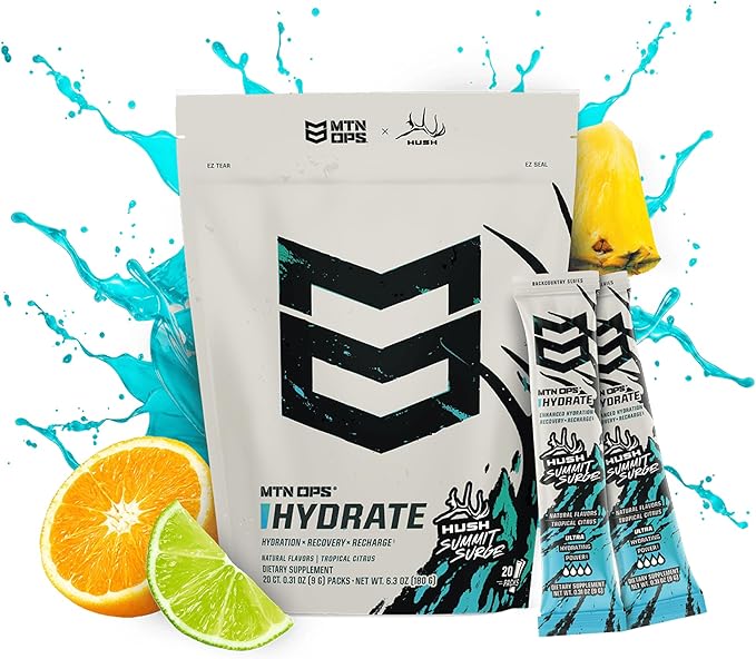 MTN OPS Hydrate Electrolytes Powder Drink Mix, 20 Single Serving On-The-Go Electrolyte Packs with