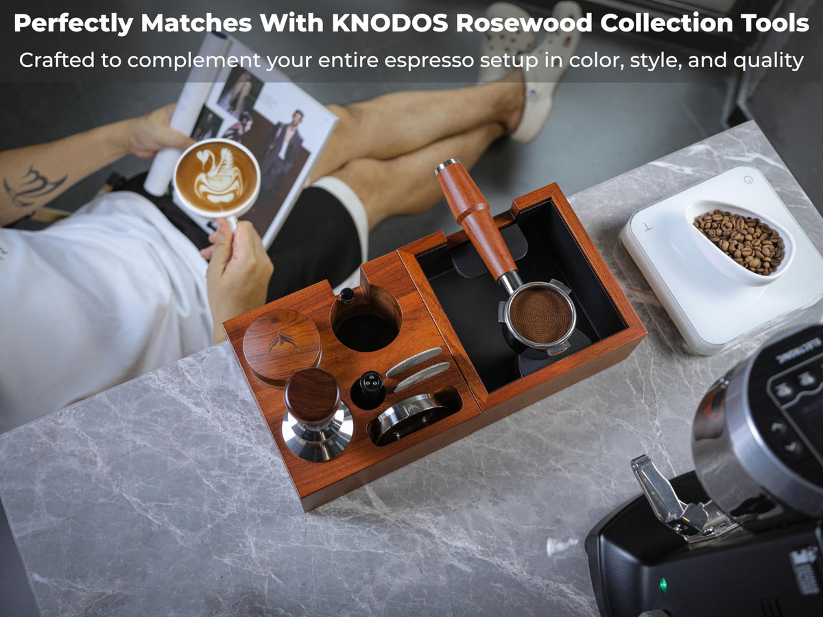 KNODOS Espresso Accessories Organizer Box 58mm Tamping Station Rosewood Espresso Tools Stand for