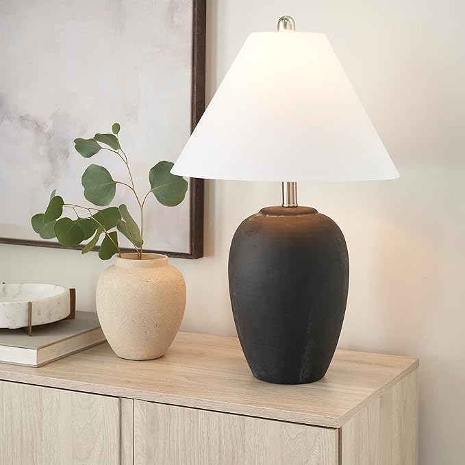Nourison Home 23" Black Vintage Distressed Ceramic Pot Table Lamp for Bedroom, Living Room, End