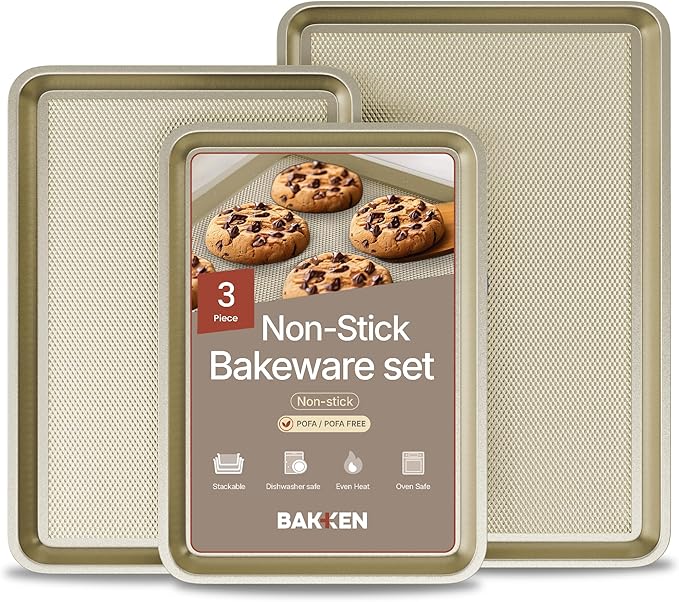 Diamond Bottom Cookie Sheet Set of 3, Nonstick Gold Carbon Steel Baking Pans for Crisp Baking