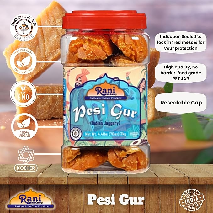 Rani Pesi Gur (Jaggery) Indian Unrefined Raw Cane Sugar 70oz (4.4lbs) 2kg PET Jar ~ Gluten Friendly