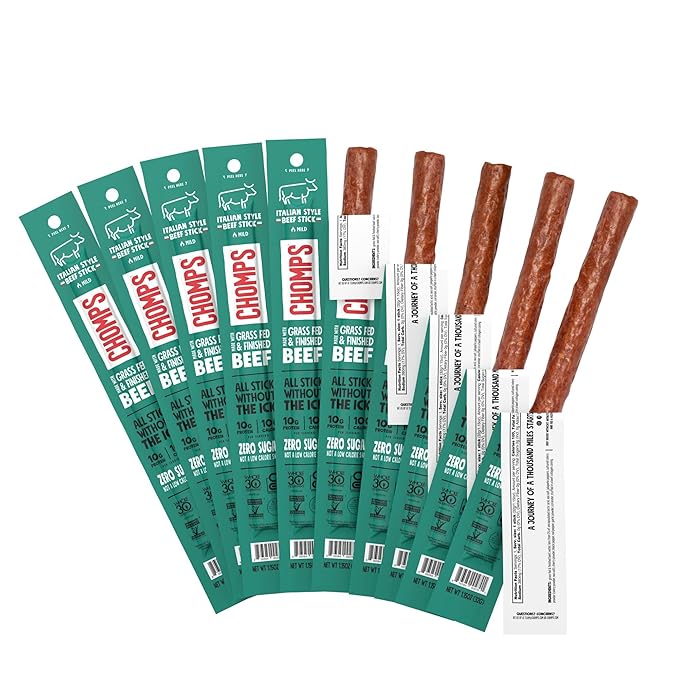 Chomps Grass-Fed and Finished Italian Beef Jerky Snack Sticks 10-Pack - Keto, Paleo, Whole30, 10g