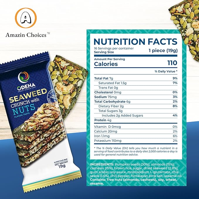 Seaweed Crunch with Nuts Classic Taste. Seaweed Snack Bars with Cashews, Almonds & Pumpkin Seeds by