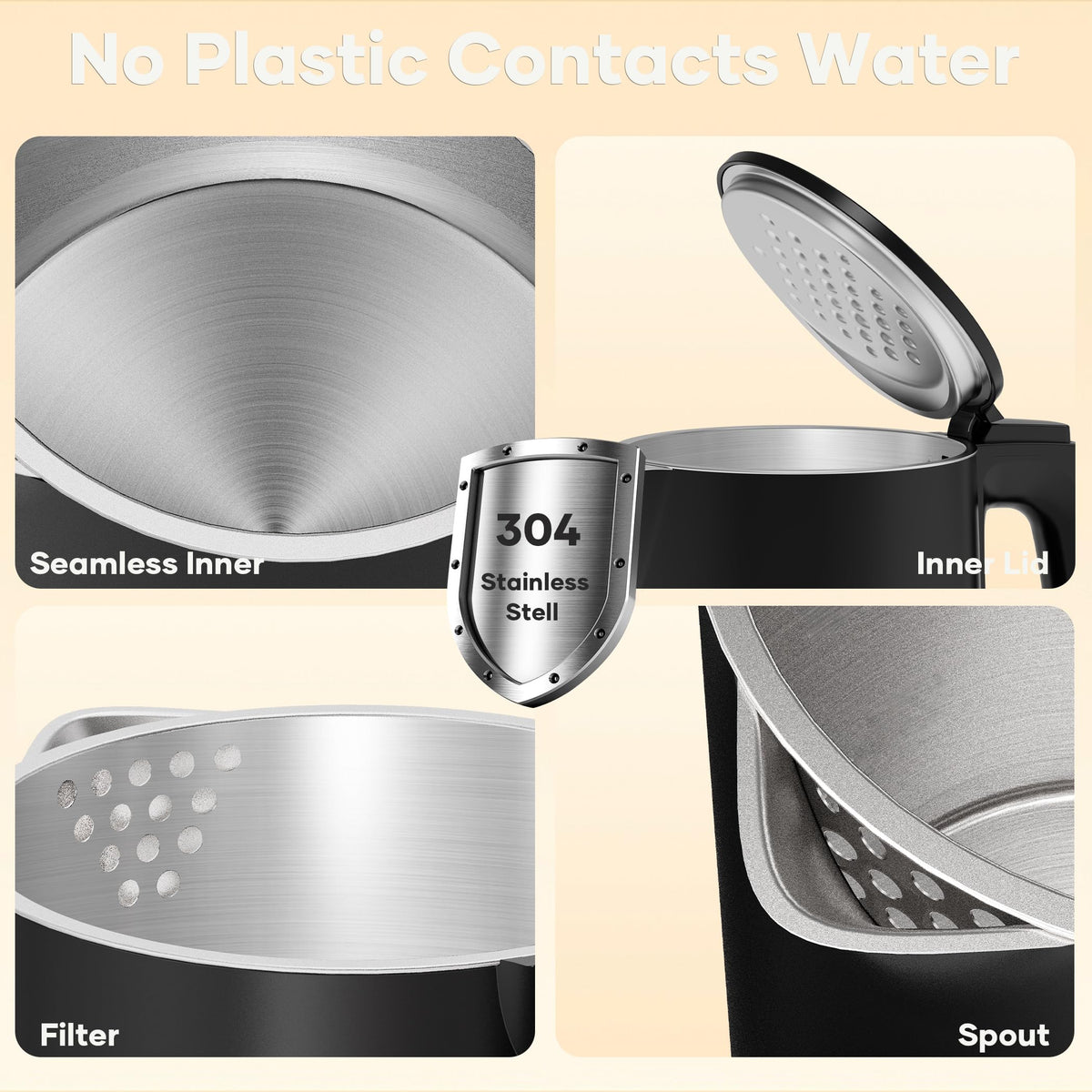 Damsun 1.7L Stainless Steel Electric Kettle, 1500W Rapid Boil, Black