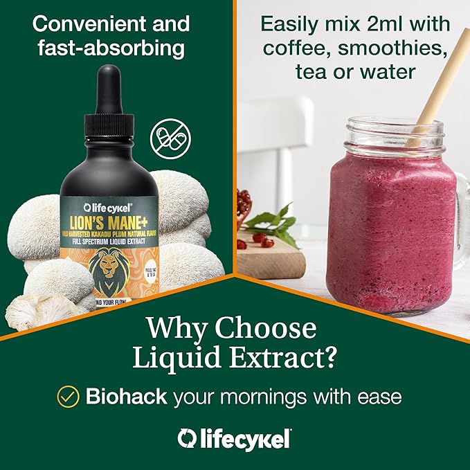 Lifecykel - Lion's Mane Mushroom Extract with Kakadu Plum - Brain Booster Nootropic for Memory