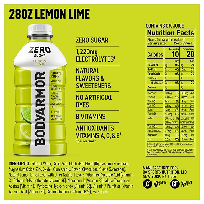 BODYARMOR ZERO Sugar Lemon Lime, Sugar Free Sports Drink - Low-Calorie Hydration - Natural Flavors