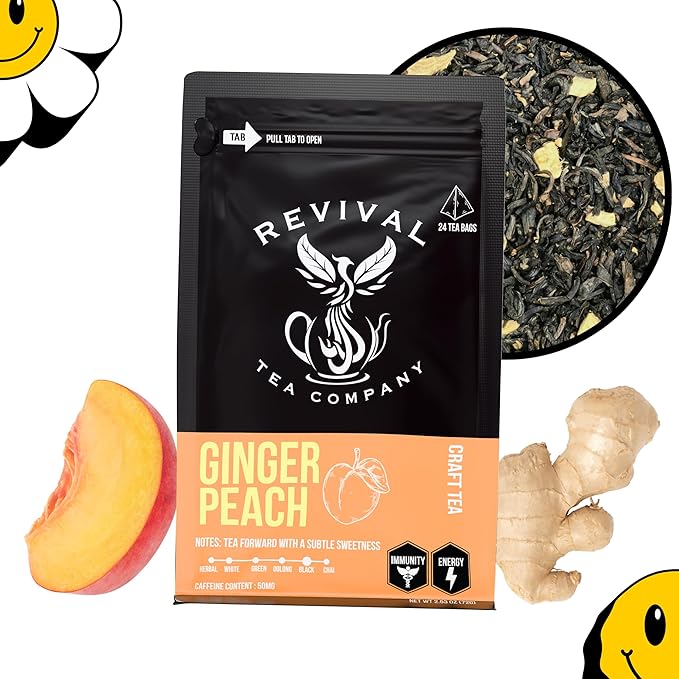 Revival Tea Company Ginger Peach Tea - Black Tea Blend with Ginger Spice and Peach Pieces - Loose