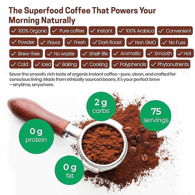 Z Natural Foods Organic Instant Coffee Powder - Rich Dark Roast Flavor, Arabica Instant Espresso