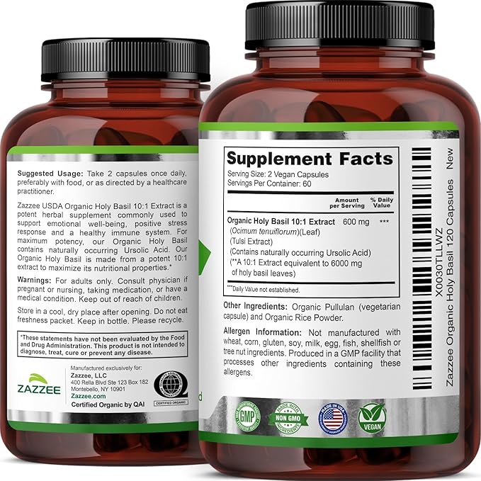 Zazzee USDA Organic Holy Basil 10:1 Extract, 6000 mg Strength, 120 Vegan Capsules, Concentrated and