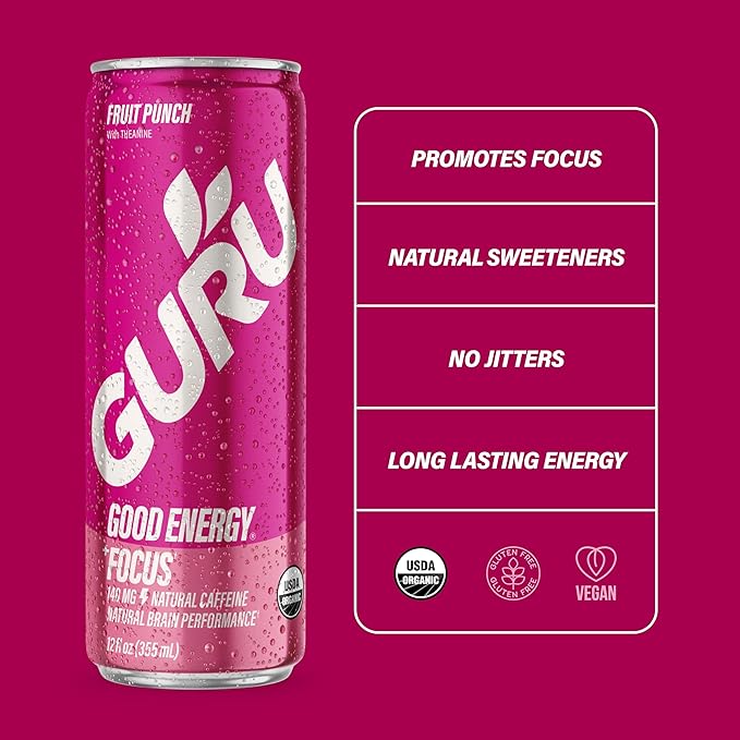 GURU Fruit Punch Organic Energy Drinks, Clean Energy Drink with Plant Based Natural Caffeine from