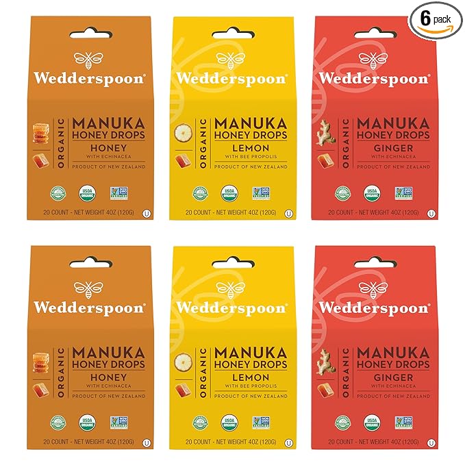 Wedderspoon Organic Manuka Honey Drops, Variety Pack, 4 Oz (Pack of 6) - Genuine New Zealand Honey