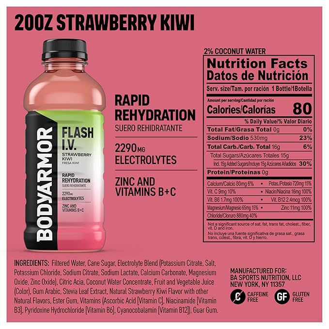 BODYARMOR Flash I.V. Electrolyte Beverage, Strawberry Kiwi, Hydration Drink with Coconut Water For